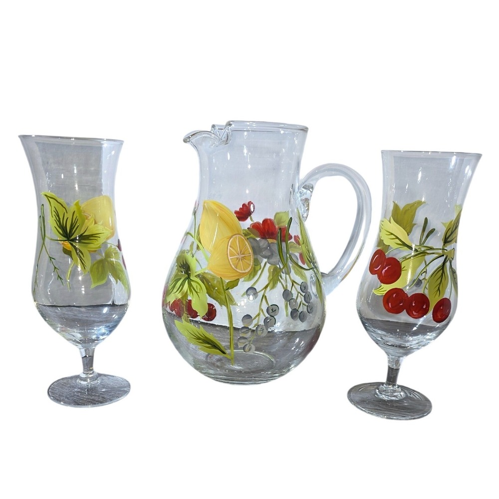 Vintage Hand Painted Glass Pitcher and 2 Hurricane Glasses Fruit Floral Design